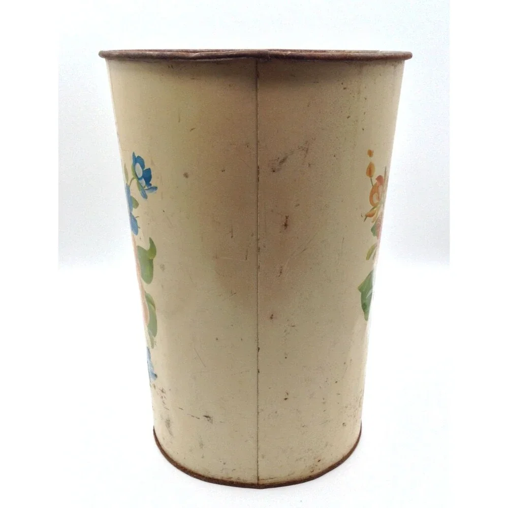 Vtg Harvell Metal Trash Can Wastebasket Floral Hand Painted Tole Cottage 11